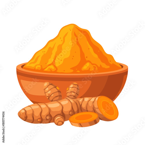 A vibrant vector illustration of ground turmeric spice piled in a bowl, shown with fresh, sliced rhizome root isolated on a white background
