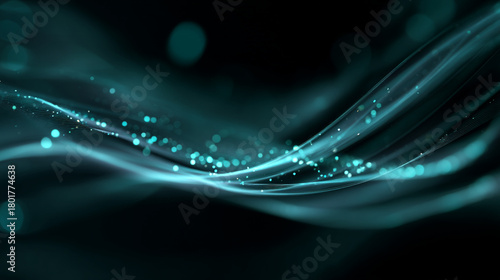 Abstract teal light trails with bokeh effect on a dark background design