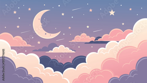 Enchanting celestial dreamscape with crescent moon and sparkling stars amidst soft pastel clouds, evoking tranquility and wonder for storybooks and designs