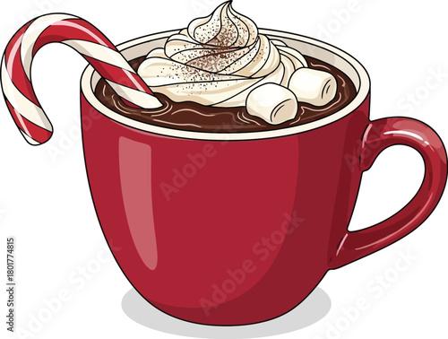 Red mug of hot chocolate with whipped cream and candy cane isolated on white background