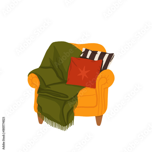 Christmas cozy armchair with blankets and pillows. Warm festive winter interior scene, comfy hygge holiday home decor illustration.