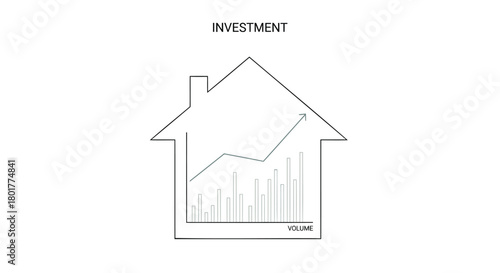 Conceptual illustration of a house outline filled with a rising stock market graph and bar chart symbolizing growth