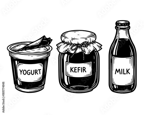 A set of hand-drawn dairy products including yogurt, kefir, and milk in a vintage black and white sketch style.