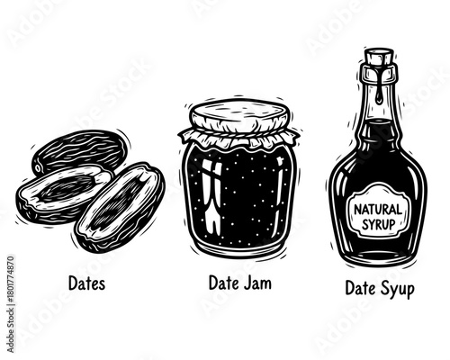 A black and white hand-drawn illustration set of dates, date jam, and date syrup.