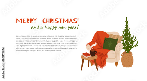 Christmas cozy reading armchair with blankets and pillows. Warm festive winter interior scene with table, cup of coffee and a book, comfy hygge holiday home decor illustration.