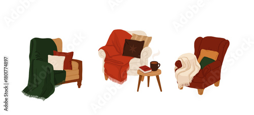 Cozy vintage reading chairs with blankets and pillows, warm winter and Christmas home interior illustration. Hygge armchair clipart set for holiday designs, posters, cards and seasonal decor