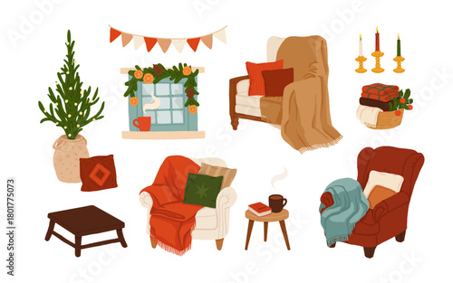 Cozy winter interior elements set with warm armchairs, blankets, holiday decorations, window scene, candles, pillows, basket and seasonal home decor. Christmas hygge clipart for cards and posters