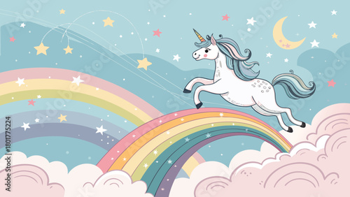 Magical unicorn leaps across a vibrant rainbow with stars and moon, perfect for children's illustrations and whimsical designs with a touch of fantasy