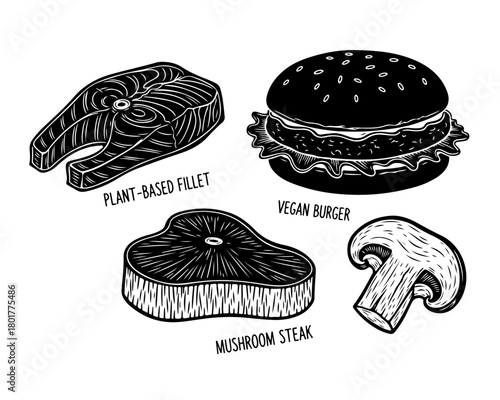 A collection of hand-drawn vegan and plant-based food alternatives, including a burger, steak, and fillet, in a black and white illustration style.