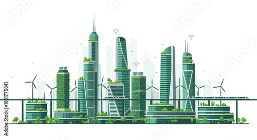Futuristic green city skyline with modern skyscrapers and wind turbines symbolizing sustainability and renewable energy