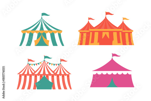 Vibrant and festive circus tents set against a clean white background, showcasing a variety of colorful designs and architectural styles