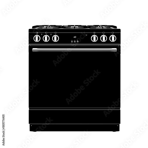 Black gas stove with knobs and oven door in modern style  
