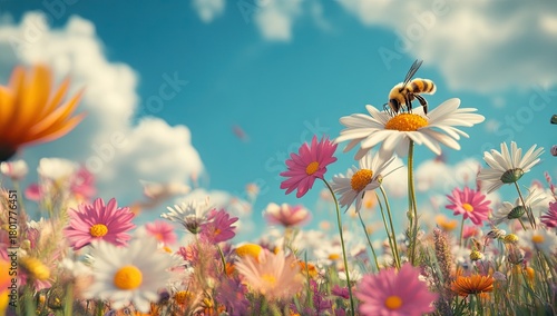 Fototapeta Naklejka Na Ścianę i Meble -  A vibrant and colorful meadow filled with blooming wildflowers under a bright blue sky with fluffy white clouds