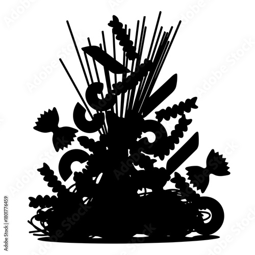 Various pasta shapes arranged in an artistic silhouette design  