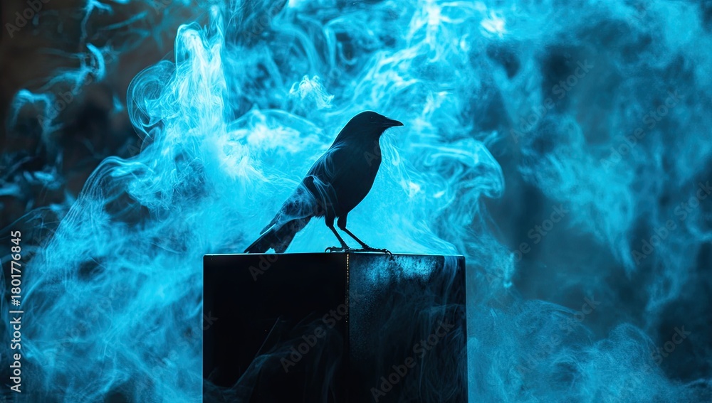 Naklejka premium A black cube with blue smoke flowing around it, with a bird perched on top of the box