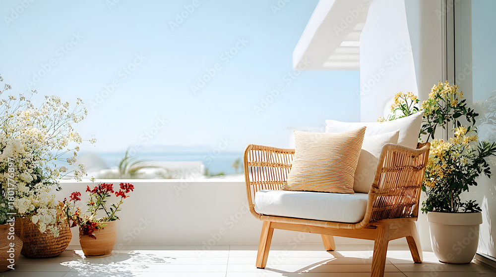 Obraz premium Minimal balcony with bamboo chair, cushion, potted plant, white wall, and sea view, creating peaceful and relaxing outdoor atmosphere