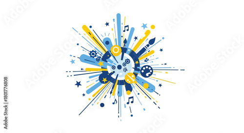 Explosion of blue and yellow abstract shapes and musical notes symbolizing creativity and energy