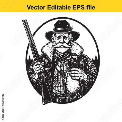 Hunter with rifle and duck, vintage illustration, isolated on