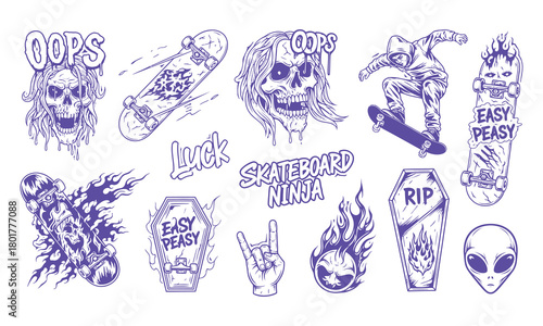 Purple collection of extreme sports and spooky elements