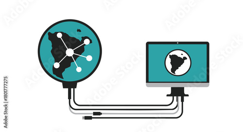 Digital connection and global network symbolized by a computer screen and connected earth illustration