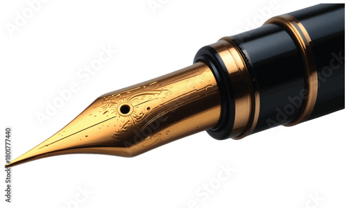 This image presents a detailed view of a fountain pen nib, emphasizing its intricate design and the precision engineering involved in its creation. The gold and black color scheme adds to the luxury.