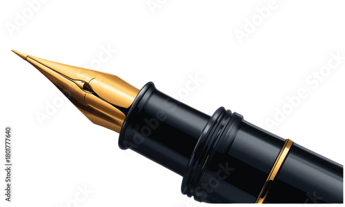 This image offers a detailed perspective of a fountain pen nib, highlighting its golden tip and sleek black body. The composition emphasizes the pen's elegance and precision.