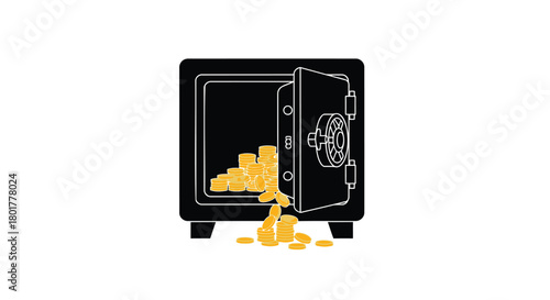 Open black safe filled with overflowing gold coins spilling out onto a white background