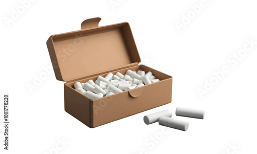 A cardboard box filled with white packing peanuts is isolated on a black background. The image highlights the material used for cushioning and protecting items.