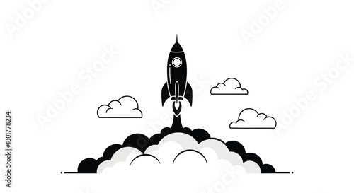 Bold black silhouette of a rocket launching into the sky with puffs of smoke and clouds