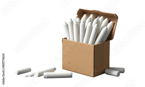 A box of white chalk sticks, neatly arranged and ready for use, showcasing a classic educational tool with a textured, stonelike container against a clean, dark backdrop