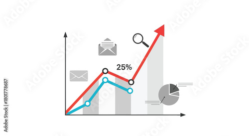 Business growth chart with rising arrow magnifying glass pie chart and briefcase icons symbolizing success