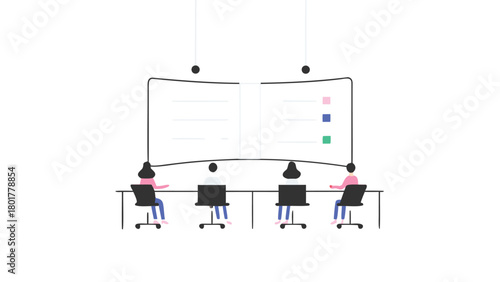 Diverse group of stylized animated figures collaborating and working together around a large central object or structure in a vibrant colorful scene