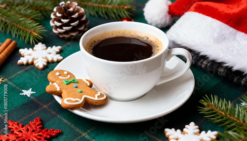 Cup of coffee with gingerbread cookie on saucer. Cozy holiday morning.