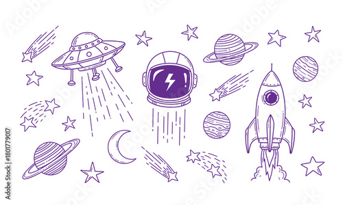 Purple handdrawn space elements isolated on