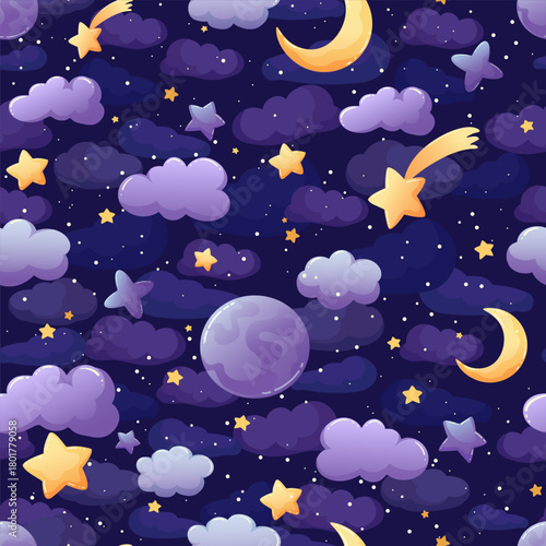 Seamless pattern dreamy night sky with space objects, crescent moon, comets, stars, and purple clouds on a dark blue background. Perfect for children s designs, fabric prints, wallpapers, nursery