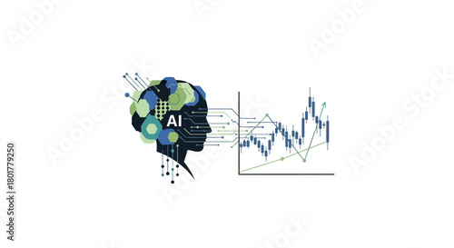 Artificial intelligence brain processing financial data and stock market trends for future predictions