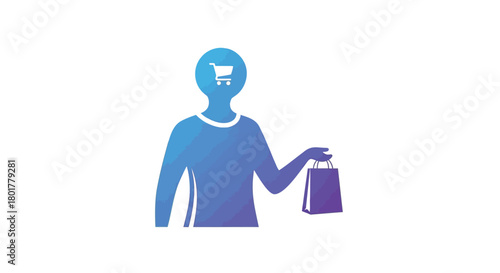 Silhouette of a person holding a shopping bag with a shopping cart icon on their head representing consumerism