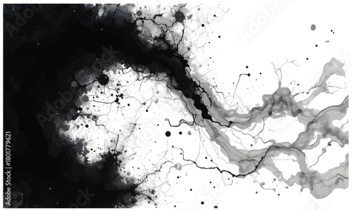 This monochrome abstract art features dynamic splashes and intricate patterns, creating a fluid and deep visual contrast against a stark black backdrop. 