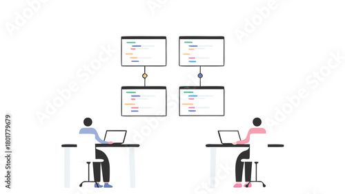 Diverse team of software developers collaborating around multiple digital screens illustrating teamwork and innovation in a modern tech environment with vibrant colors and clear communication