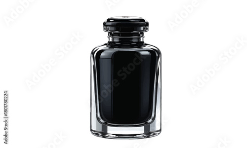 A sleek black perfume bottle is showcased against a dark backdrop, highlighting its elegant design, smooth glass, and luxurious appeal with a minimalist aesthetic. 