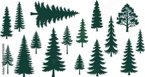 PrintCollection of evergreen pine tree silhouettes featuring diverse forest shapes, natural woodland elements, coniferous trees, vector illustration for nature and landscape design