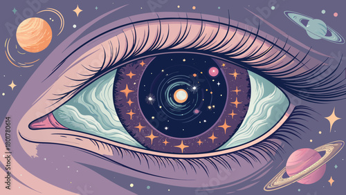 Cosmic eye gazing into a universe of stars and planets, a dreamy surreal space fantasy illustration, perfect for visionary art and spiritual designs