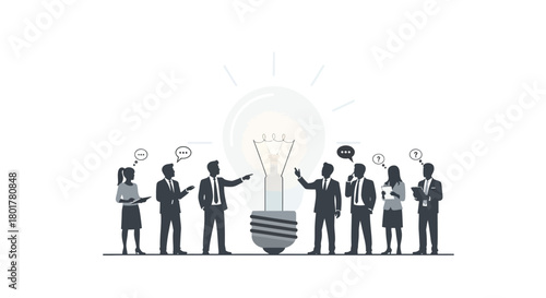 Diverse business professionals gather around a glowing lightbulb representing a brilliant new idea or innovation