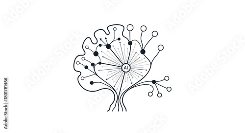 Hand drawn illustration of a stylized neuron or nerve cell with branches and synapses on a white background