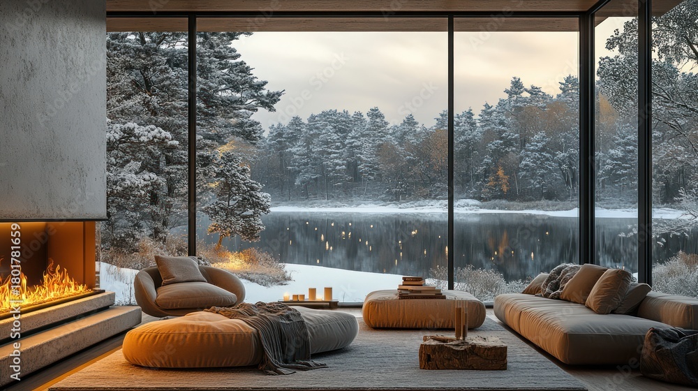 Obraz premium Cozy winter living room with lake view, fireplace, and modern furniture; ideal for real estate or interior design