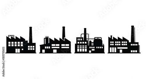 Four black factory silhouettes in a row