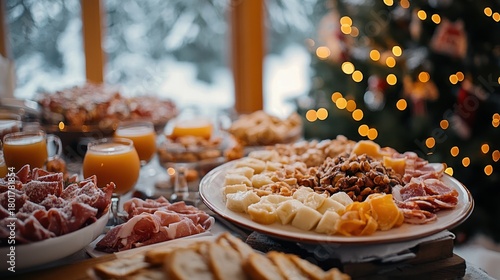 Festive cheese and charcuterie board, holiday party, snowy window view