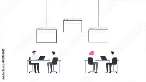 Dynamic abstract scene featuring diverse users collaborating and rearranging colorful geometric shapes representing teamwork innovation and digital interaction in a vibrant modern setting