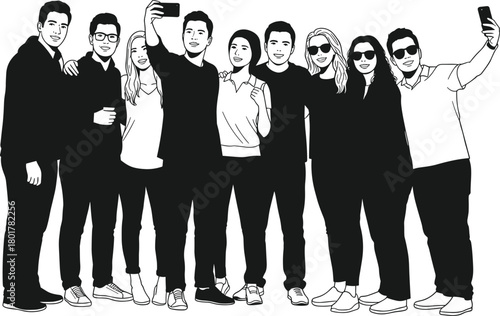 Black silhouette group of people taking selfies together in casual clothing, sunglasses, and social pose for vector design use
