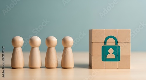 Four wooden peg figures lined up with a block showing a padlock and person icon, symbolizing security and privacy